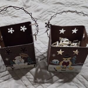 Two Primitive Rusted Tin 4 Inch Candleholders With Wire Handles